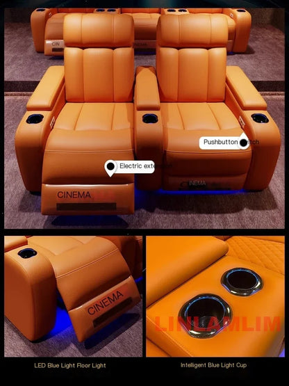 Linlimlam Luxury Genuine Leather Electric Recliners Cinema Chairs with Cup Holder, LED Light – Home Theater Power Reclining Sofa