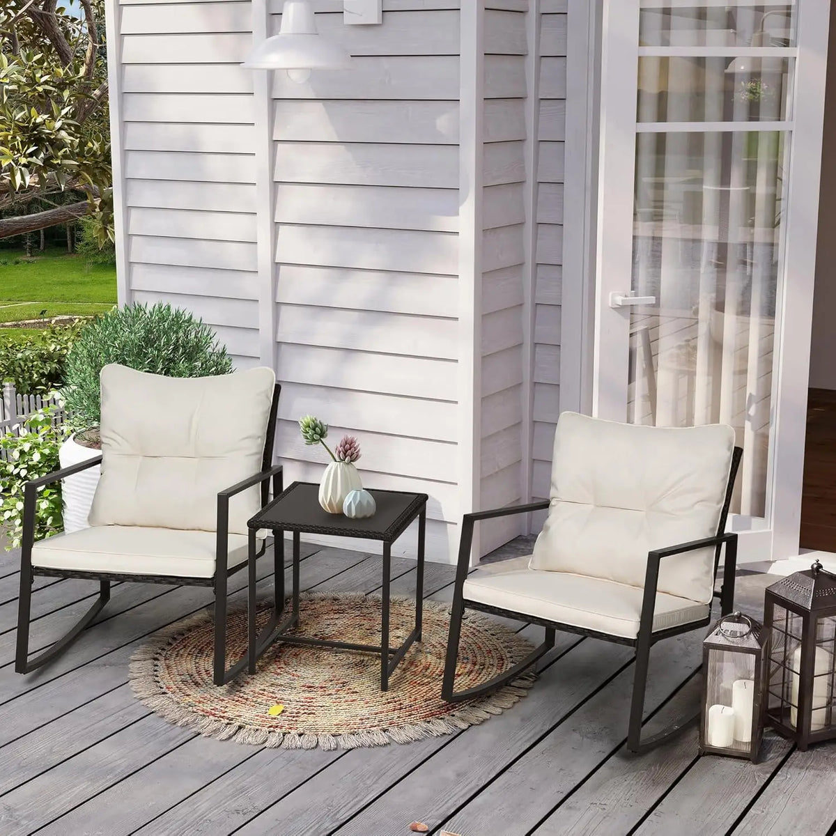 Curated Design 3 Piece Outdoor Rocking Bistro Set Black Wicker Furniture Porch Chairs Conversation Sets with Glass Coffee Tab