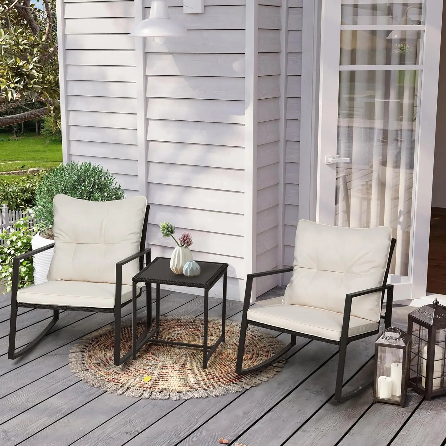 Curated Design 3 Piece Outdoor Rocking Bistro Set Black Wicker Furniture Porch Chairs Conversation Sets with Glass Coffee Tab