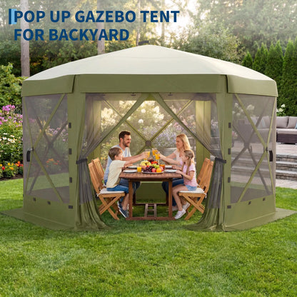 11x11FT Pop Up Gazebo Screen Tent, 6-Sided Mesh Canopy With Removable Wind Walls, One-Push Outdoor Shelter For Camping Party Patio