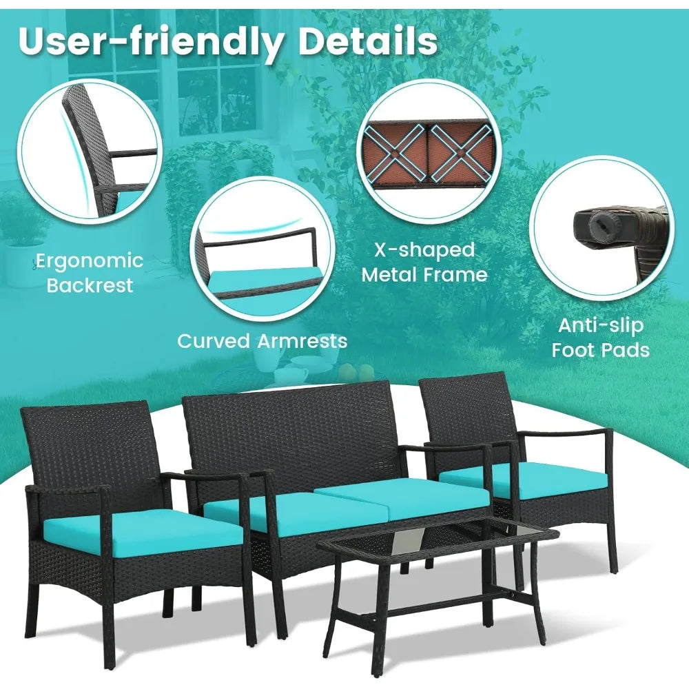 4 Piece Wicker Patio Furniture Set, Outdoor PE Rattan Conversation Sets with Chairs, Loveseat & Tempered Glass Coffee Ta