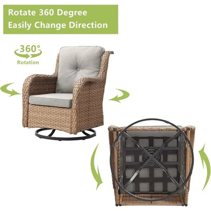 5-Piece Outdoor Rattan Conversation Set with 2 Rotating Rocking Chairs, 2 Foot Pads, and a Side Table