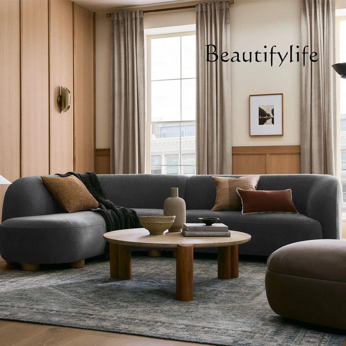 Nordic simple curved fabric lamb wool sofa Italian light luxury creative living room corner sofa