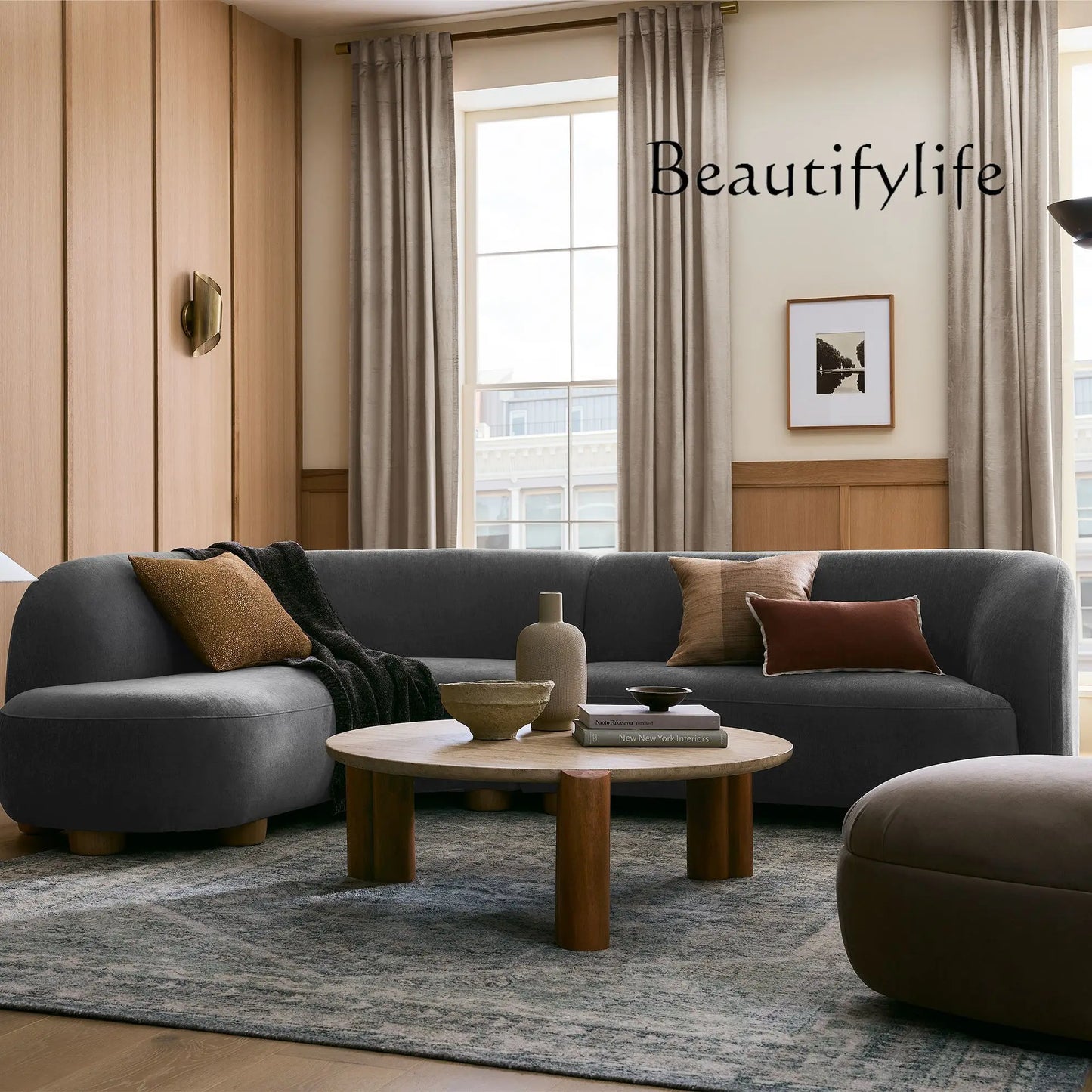 Nordic simple curved fabric lamb wool sofa Italian light luxury creative living room corner sofa
