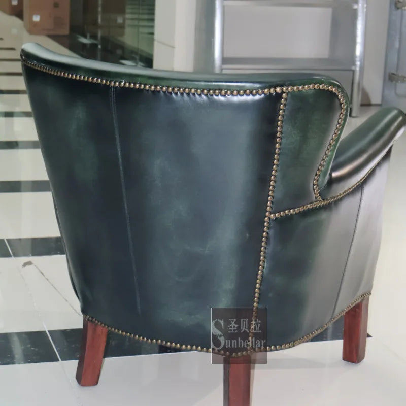 Antique green leather sofa chair top layer cowhide living room bedroom clubhouse club