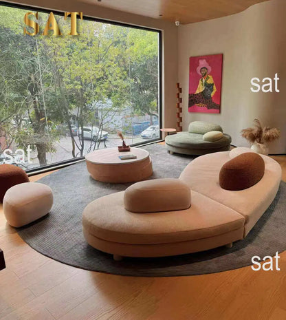 %High Quality Italian Style Minimalist Curved Villa Apartment Living Room Modern Simple Light Luxury Cream Color Fabric Set Hote