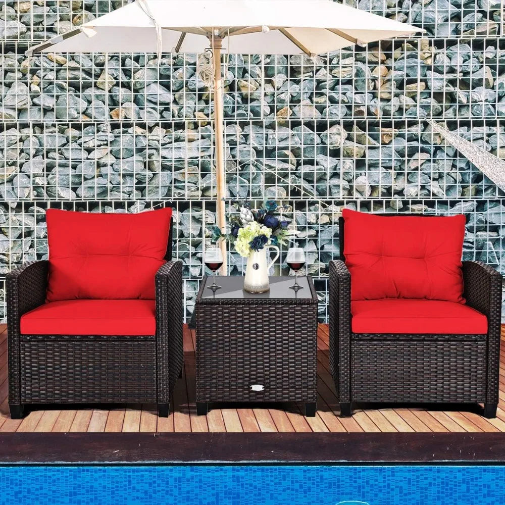 3 Pieces Patio Furniture Set, PE Rattan Wicker 3 Pcs Outdoor Sofa Set w/Washable Cushion and Tempered Glass Tabletop,Garden Sofa