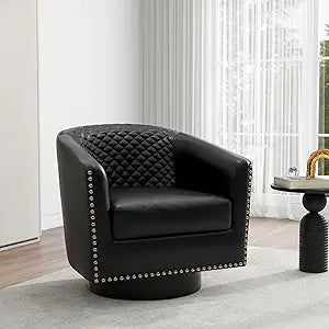 Accent Chair, Upholstered Faux Leather Barrel Chair with Nailed Trim, Comfy Club Armchair for Reading Living Room Bedroom Waitin