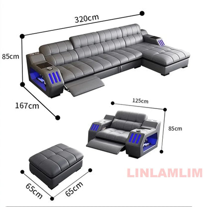 Modern Sectional Sofa Bed with LED Light, Electric Recliner and Massage | Living Room Genuine Leather Couch with Cup Holder, USB