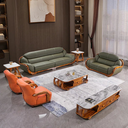 Ebony leather sofa first layer cowhide new Chinese high-end villa living room large apartment solid wood