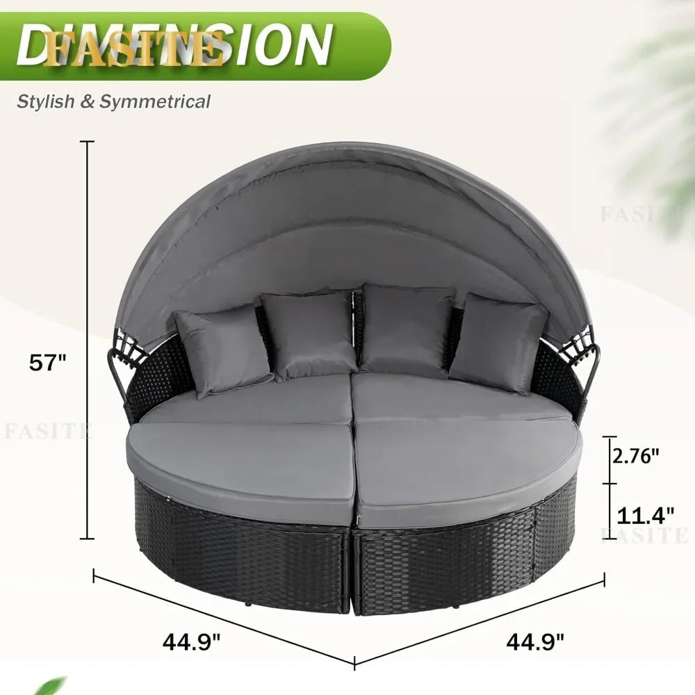Nordic luxury Leisure Round Daybed with Retractable Canopy,Outdoor Furniture with Washable Cushions, Clamshell Sectional Seating
