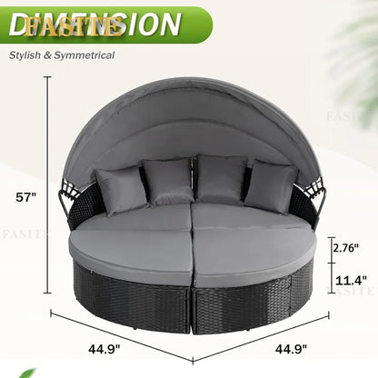 Nordic luxury Leisure Round Daybed with Retractable Canopy,Outdoor Furniture with Washable Cushions, Clamshell Sectional Seating