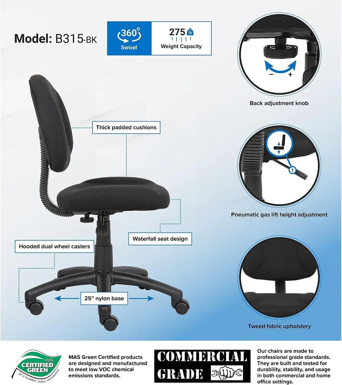 Ergonomic Office Chair with Lumbar Support, Adjustable Height and Back, Comfortable for Long Hours