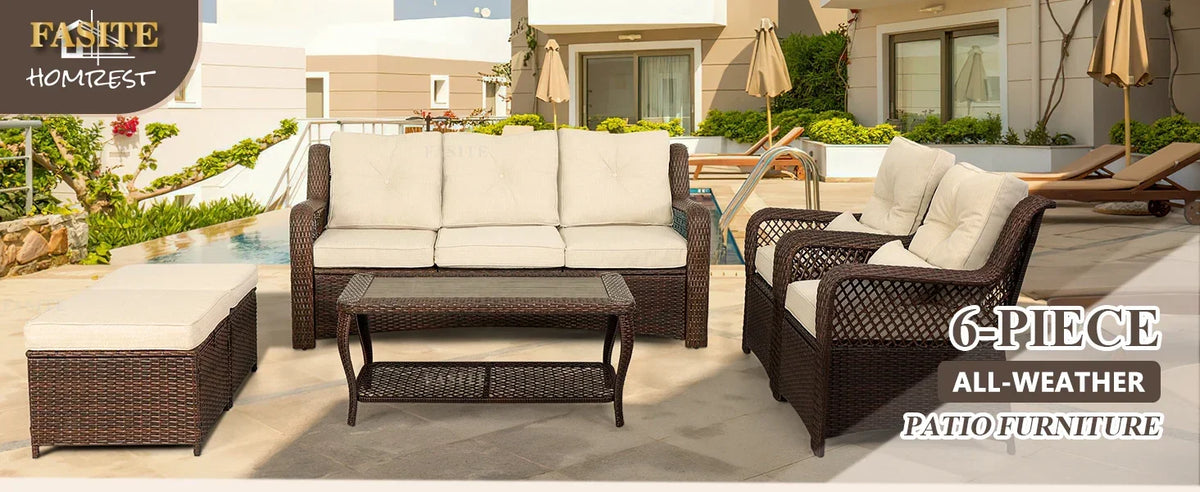 Long - lasting 6 Pieces Patio Furniture Set, Wicker Outdoor Patio Sets, Sectional Rattan Sofa Chairs with Coffee Table