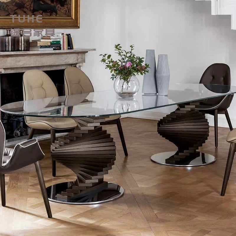 Italian Style Solid Wood Dining Table Light Luxury Curved Round Table Tempered Glass Living Room Hotel Personalized Dining Table