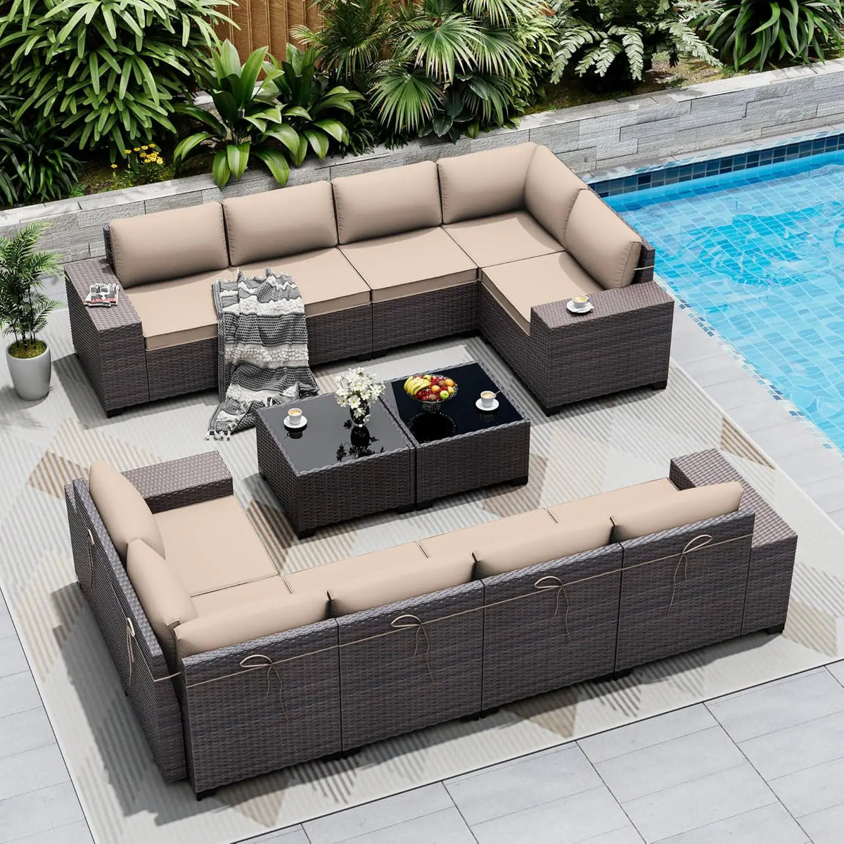 12pc High Back All-Weather PE Rattan Patio Sectional Sofa Set with Coffee Table & Cushions Outdoor Garden Use , Custom