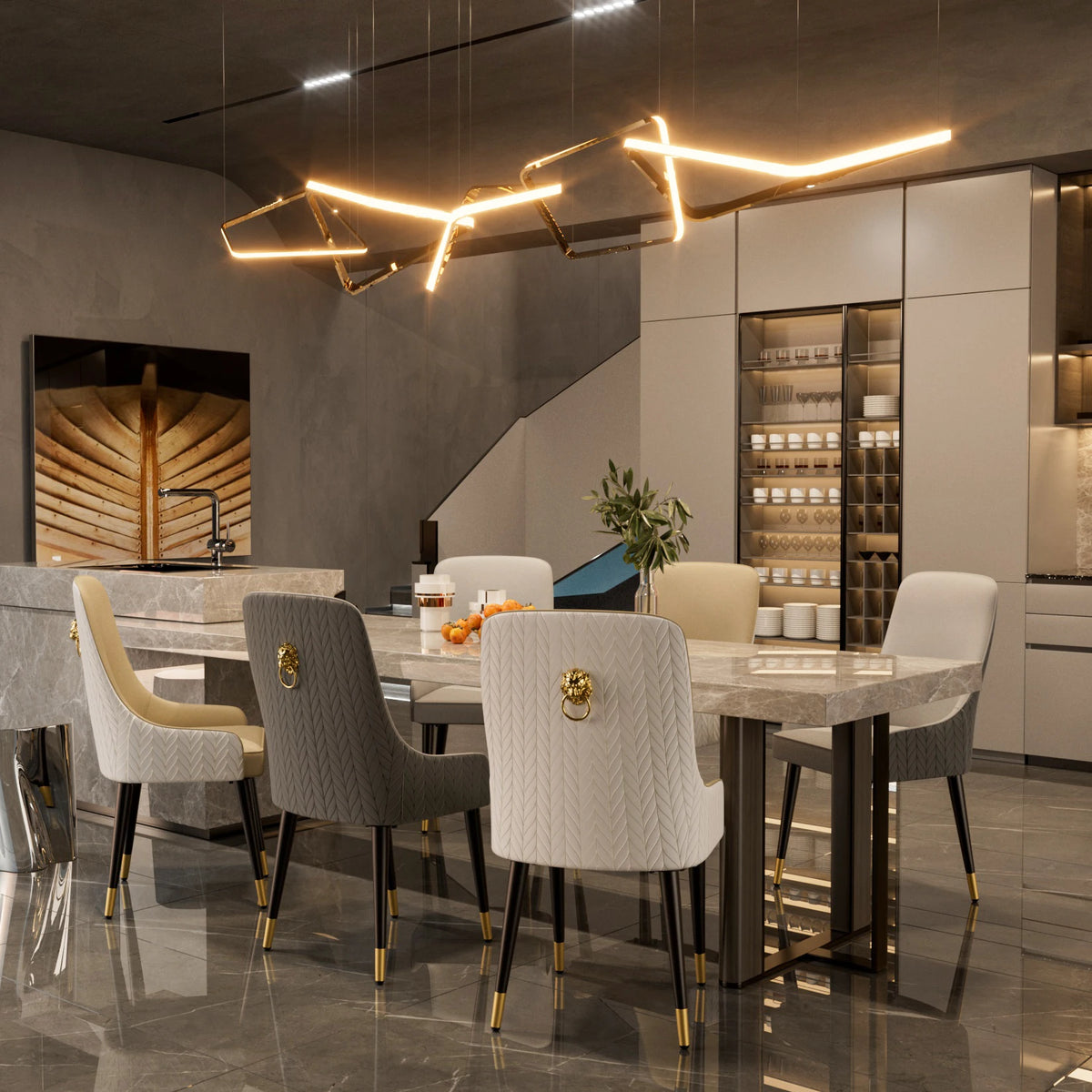 Modern PU Leather Set of 2 Dining Chairs with Metal Legs High Tufted Back Lion Head Pull Ring