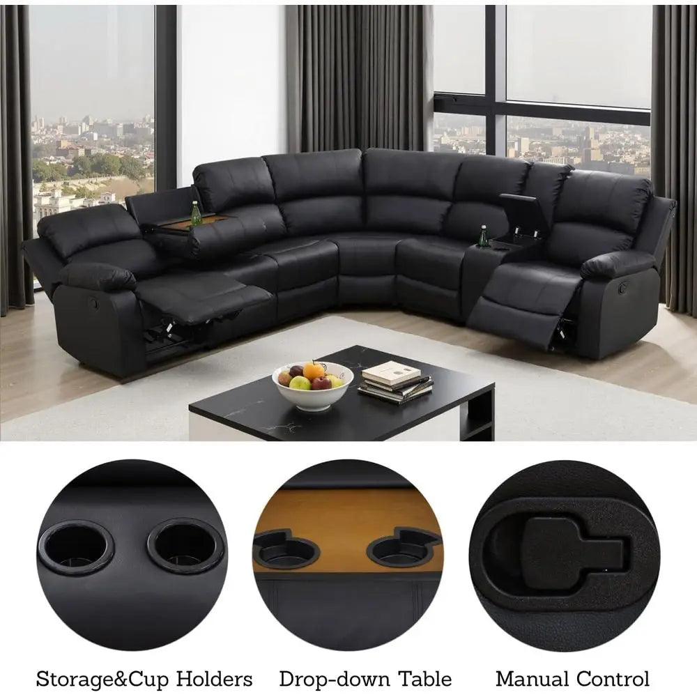 Manual Recliner Sectional Soa Set, aux Leather Reclining Sectional Couch with Cup Holders & Storage ole, L Shape Manual Sectiona