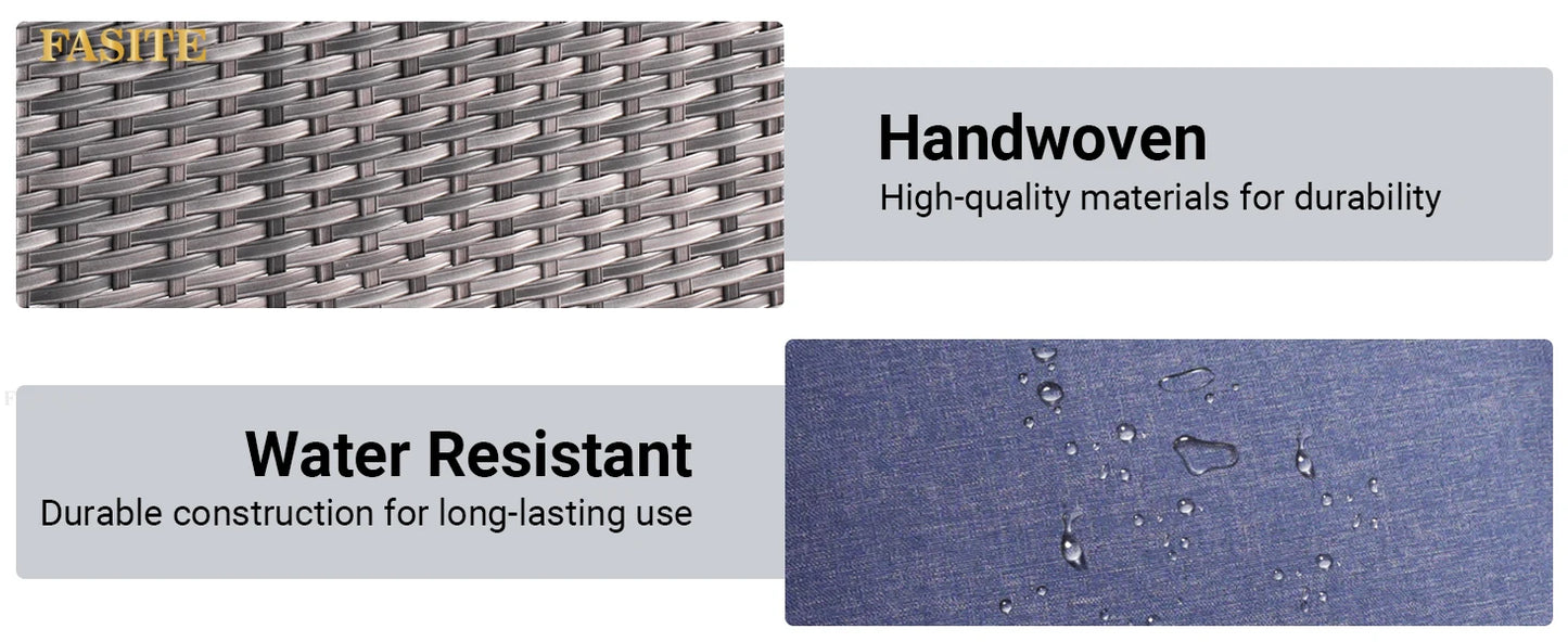 50,000 BTU Rectangular Propane Fire Pit Table 7-Piece High-Back Conversation Sofa and Matching Side Table,Grey Rattan Denim Blue