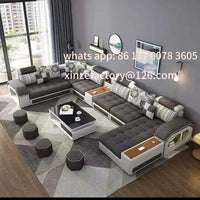 Customizable U-Shaped Sectional Fabric Sofa Set - Modern LivingRoom Furniture with Storage, Built-in Side Table, USB,andCushions