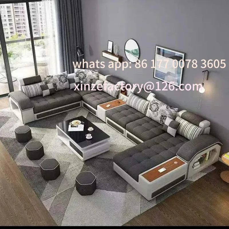 Customizable U-Shaped Sectional Fabric Sofa Set - Modern LivingRoom Furniture with Storage, Built-in Side Table, USB,andCushions