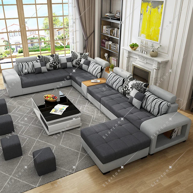 Modern Style Fabric Sectional Sofa Cum Bed Couch Living Room Sofas Set Home Luxury U Shaped Corner Sofa Set 7 Seater