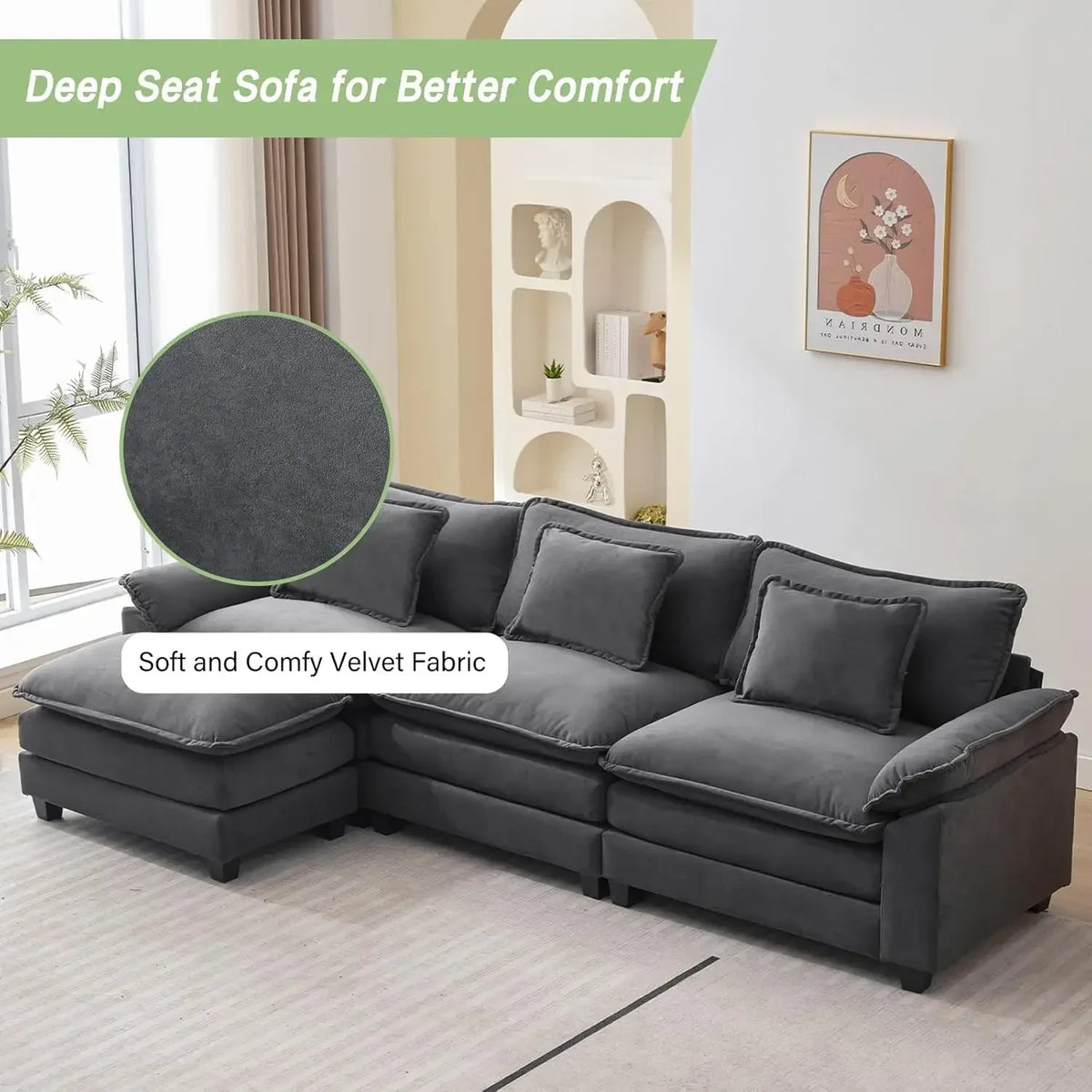 # Hot L Shape Sofa Comfy Sectional Cloud Couch For Living Room With Pillows, Modern Velvet Sofa Sleeper Deep Couches With Ottoma