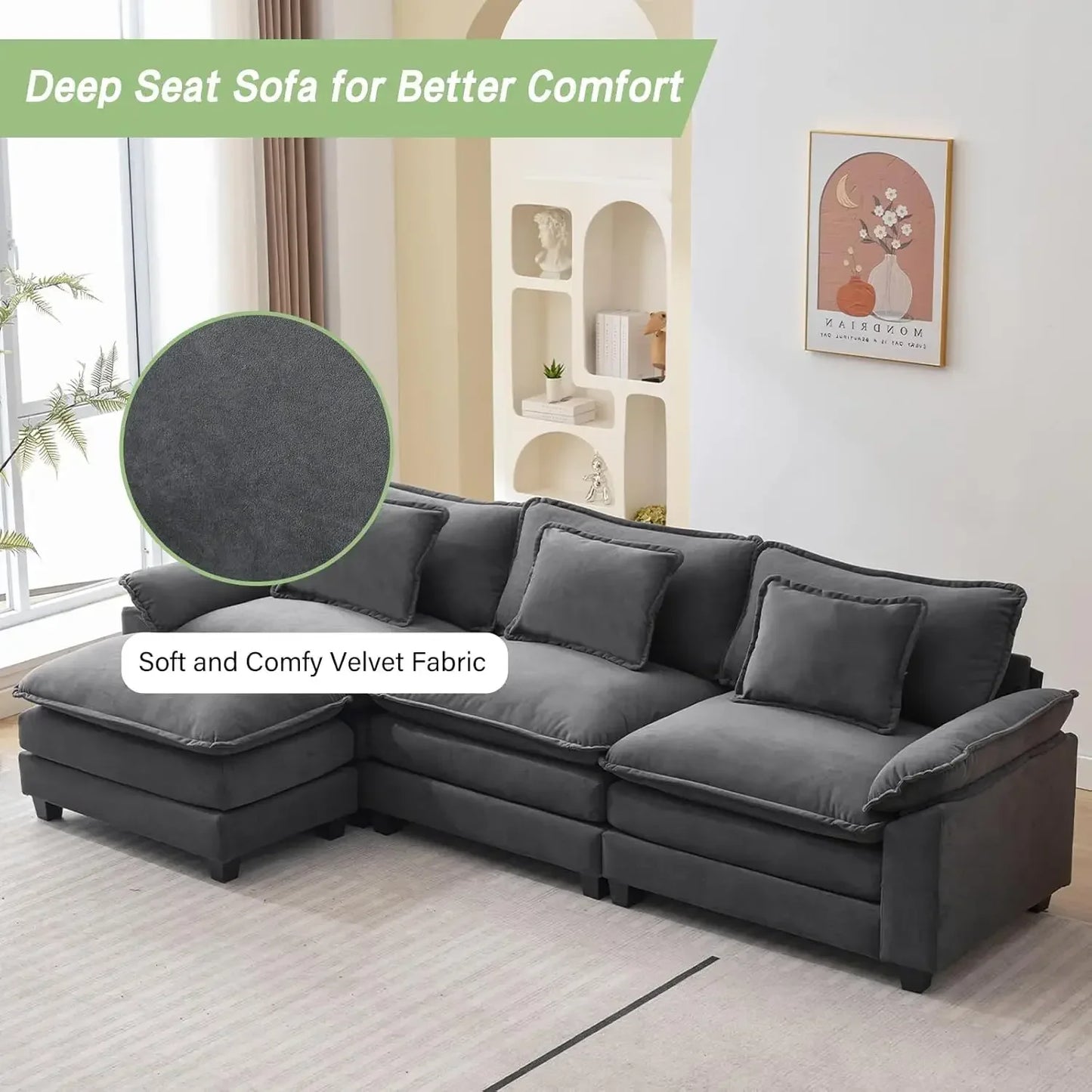 # Hot L Shape Sofa Comfy Sectional Cloud Couch For Living Room With Pillows, Modern Velvet Sofa Sleeper Deep Couches With Ottoma