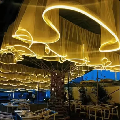 Glowing Curtain for Wedding Ceiling Decor, White Wave Tulle Fabric with Lights, Romantic Party Christmas Event Decoration