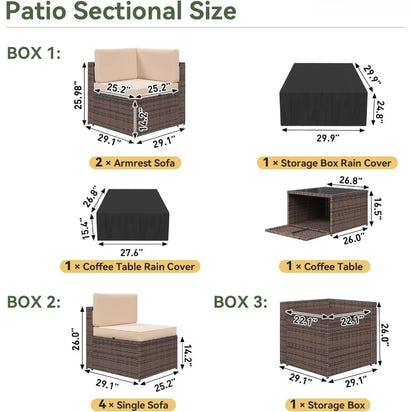 8 Piece Patio Furniture Set, Wicker Outdoor Furniture Set with Storage Box and Glass Top Table, Patio Sectional Set with Thicke