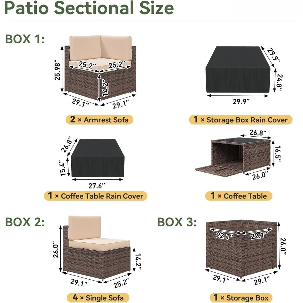 8 Piece Patio Furniture Set, Wicker Outdoor Furniture Set with Storage Box and Glass Top Table, Patio Sectional Set with Thicke