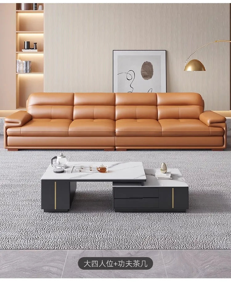 Nordic Italian light luxury leather sofa with a top layer of cowhide, modern and minimalist living room size,  art sofa