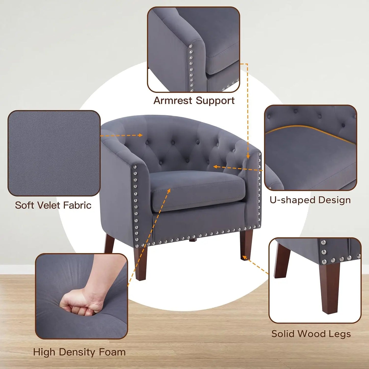 Accent Barrel Chairs Set of 2, Comfy Velvet Club Chair Armchair ,Reading Chair for Living Room Bedroom Waiting Room Office, Grey