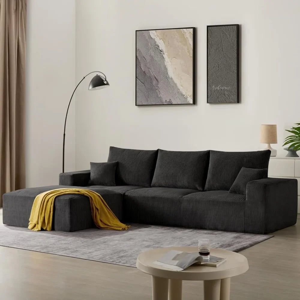 L-Shaped 3-Seat Sleeper Sofa Couch for Living Room - 113 Sectional Lounge, Corduroy Cover, Easy Setup