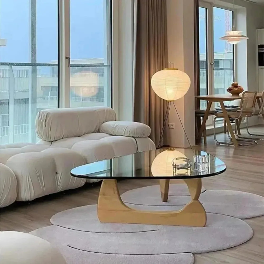 Table basse moderne en verre, 32,68" P x 22,44" L x 15,75" H, tables à thé rondes abstraites pour salon, maison, bureau, industriel