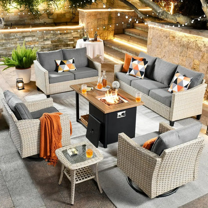 Patio FurnitureAll Weather Wicker Outdoor Sofa with High Back Swivel Rocker ChairsConversation Set Fire Pit,Light Rattan Cushion