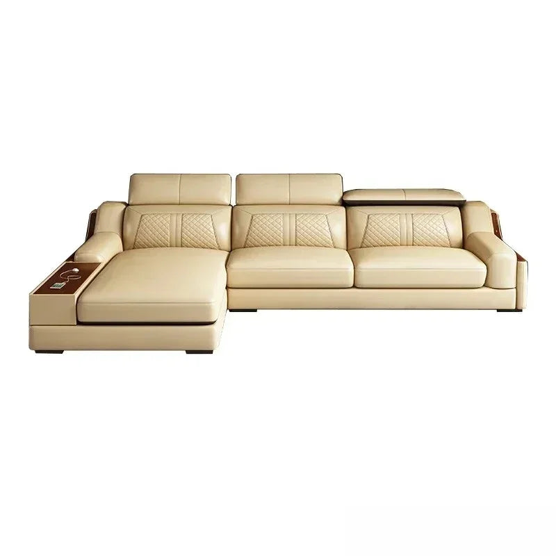 Stylish Italian Genuine Leather Sofa for Living Room with Cup Holder, USB, Adjustable Headrests & Bluetooth Speaker - Lazy Sofa