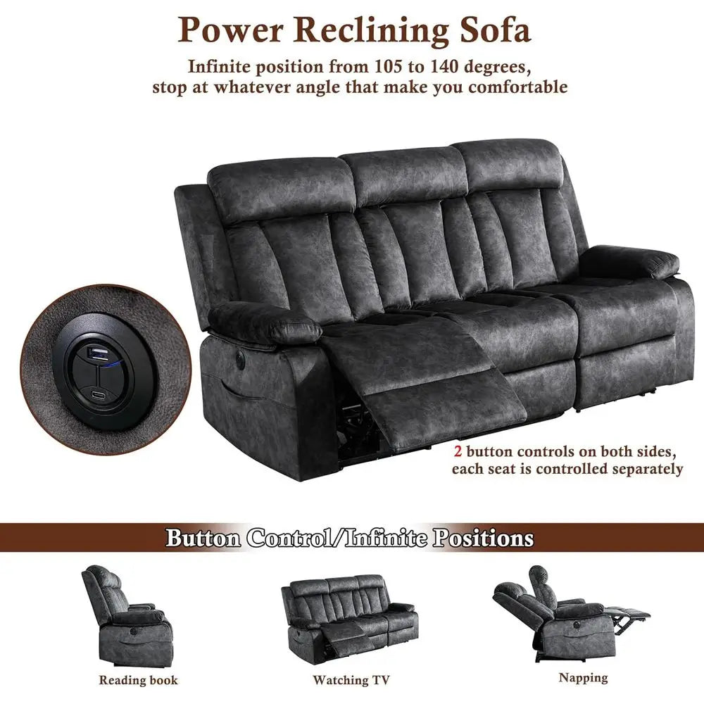 2-Piece Grey Reclining Couch Set with Padded Seats and Cup Holders for Living Room, Office, or Home Theater