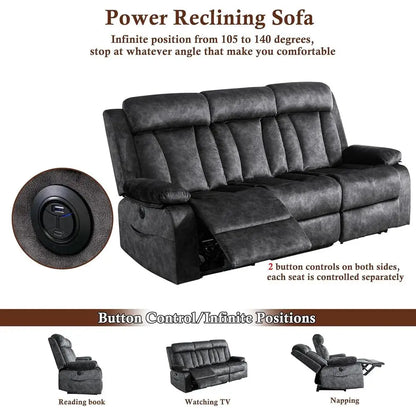 2-Piece Grey Reclining Couch Set with Padded Seats and Cup Holders for Living Room, Office, or Home Theater