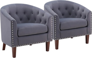 Accent Barrel Chairs Set of 2, Comfy Velvet Club Chair Armchair ,Reading Chair for Living Room Bedroom Waiting Room Office, Grey