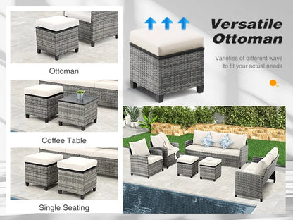 6 Pieces Outdoor Patio Furniture Set, Wicker Sectional Sofa Patio Conversation Set Couch with Ottomans for Outside Backyard Porc