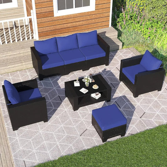 7-piece outdoor patio set, rattan chairs, glass table, wicker sectional for conversation seating
