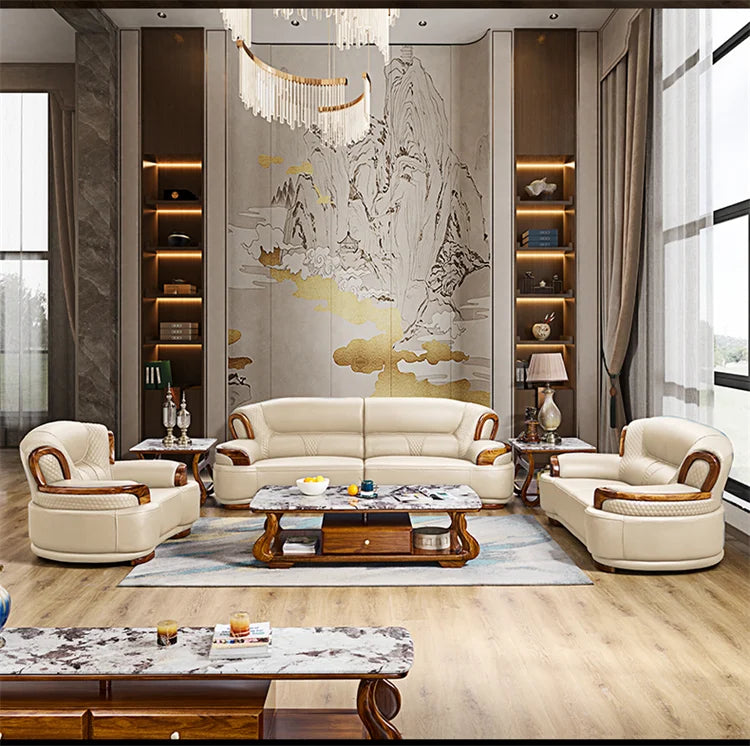 A38 Leather Sofa Luxury Villa Living Room New Chinese Style First Layer Cowhide European Solid Wood Home
