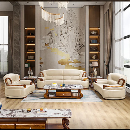 A38 Leather Sofa Luxury Villa Living Room New Chinese Style First Layer Cowhide European Solid Wood Home