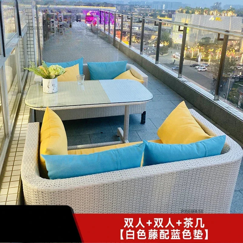 Nordic Outdoor Garden Sofas Leisure PE Rattan Garden Terrace Sofa Chair Set Courtyard Balcony Double Sofa Outdoor Furniture GG A