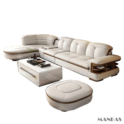 Luxury L-Shaped Genuine Leather Sectional Sofa Sets with USB, Bluetooth Speaker - MANBAS Living Room Italian Leather Couches