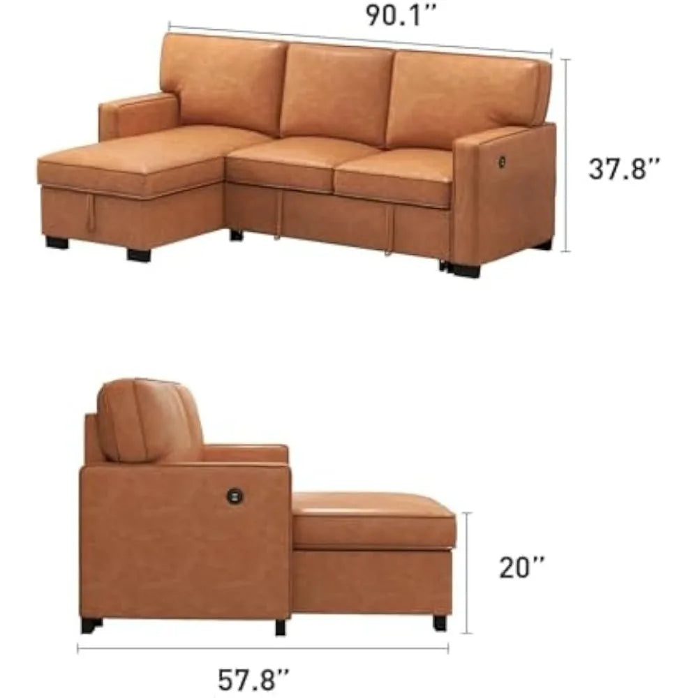 3-in-1 convertible sleeper sofa, faux leather modern l-shape couch, living room pull-out sectional futon bed