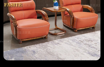 Ebony leather sofa first layer cowhide new Chinese high-end villa living room large apartment solid wood