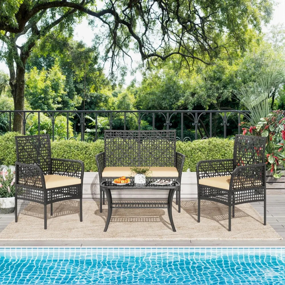 4-Piece Outdoor Wicker Patio Furniture Set with Cushions and Glass Top Coffee Table