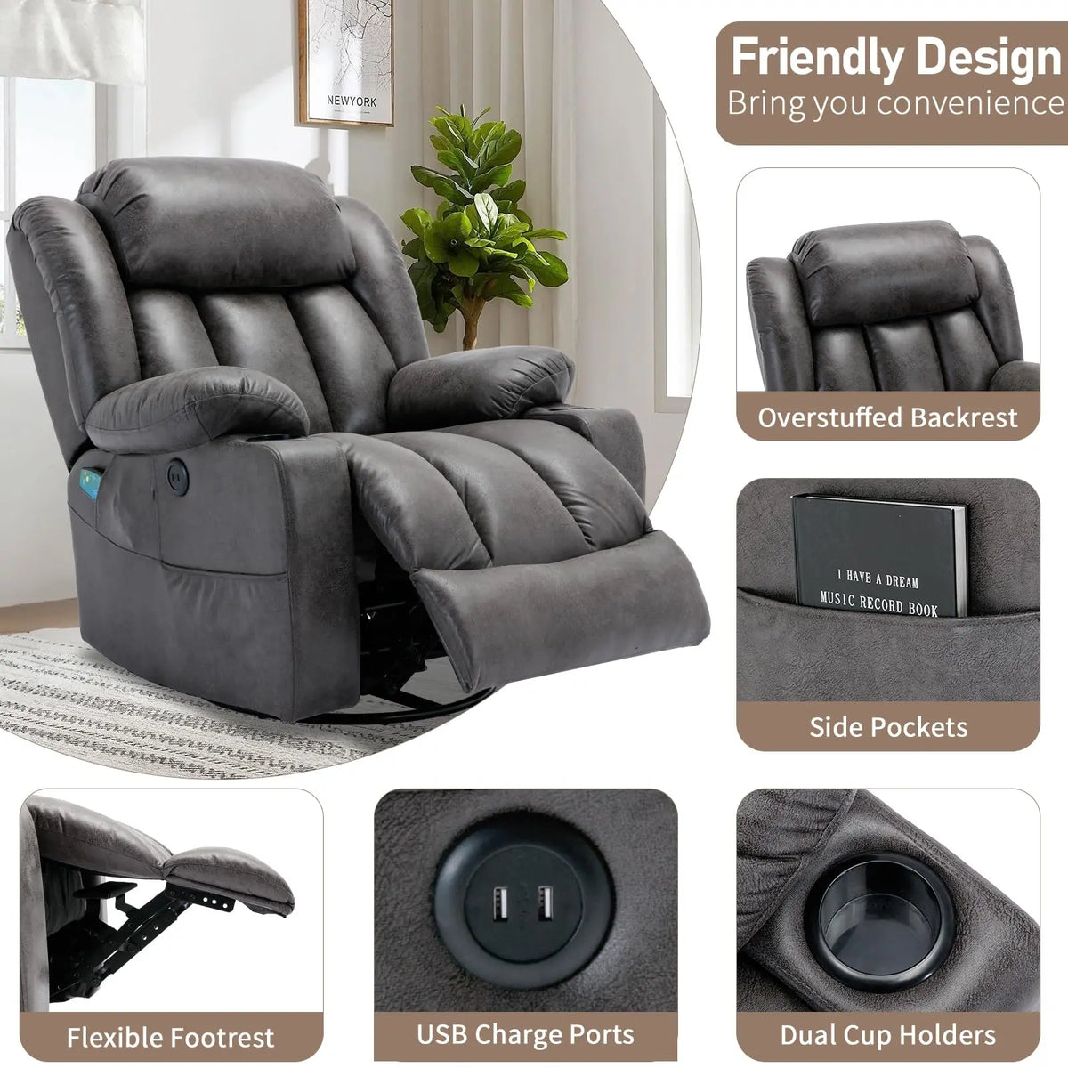 360° Swivel Rocker Recliner Chair with Heat and Massage, Manual Glider Rocking Reclining Chair, Swivel Overstuffed